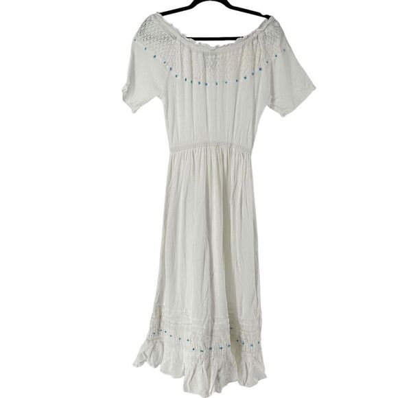220 Hickory Maxi Dress White Off The Shoulder Turquoise Bead Size S Ruffle Crepe - Picture 2 of 12